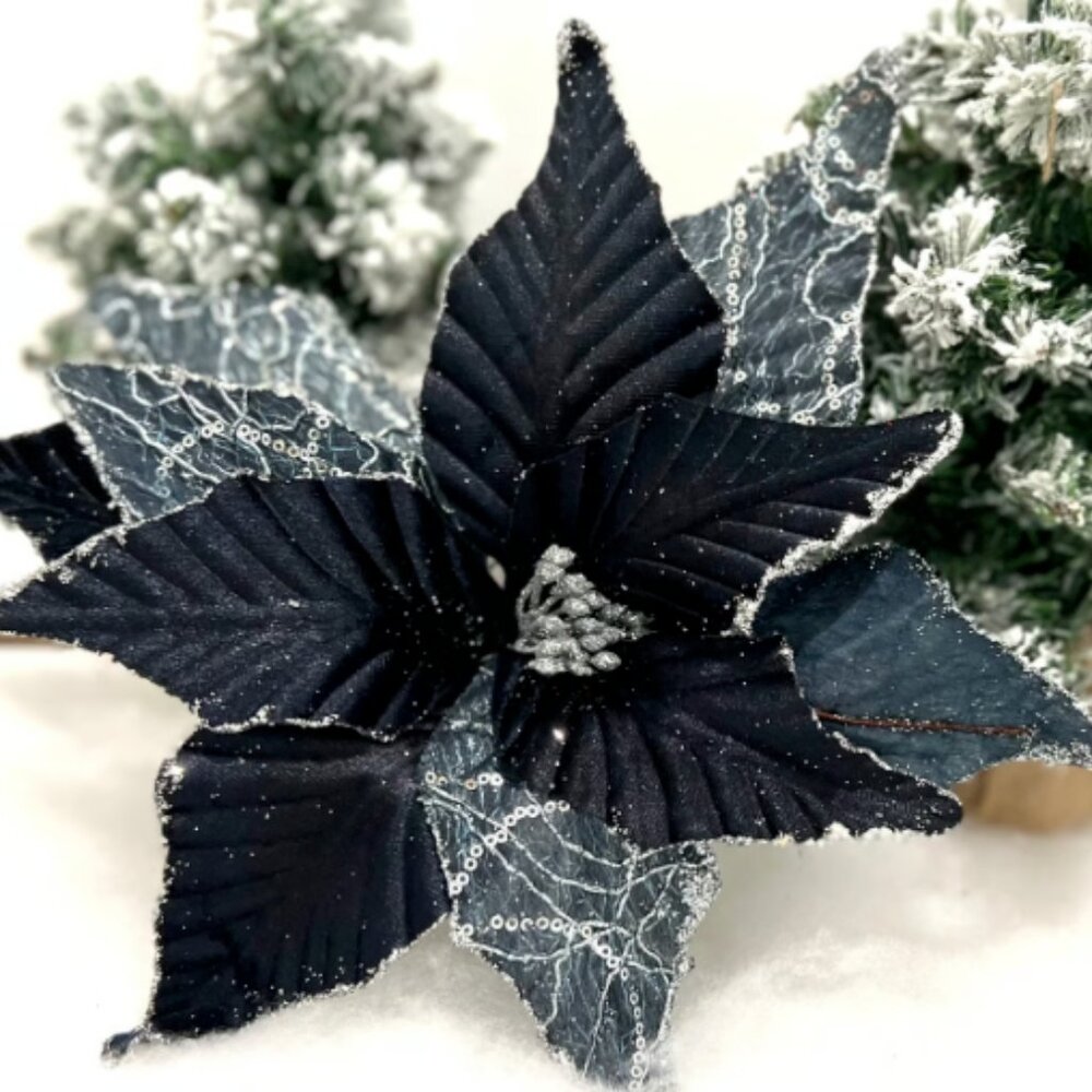 Winters Night Navy Blue and Silver Poinsettia Stem Christmas Accent Decor